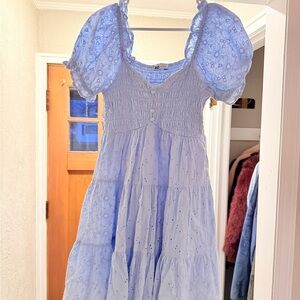 Light Blue Puff Sleeve Tiered Eyelet Midi Sun Dress